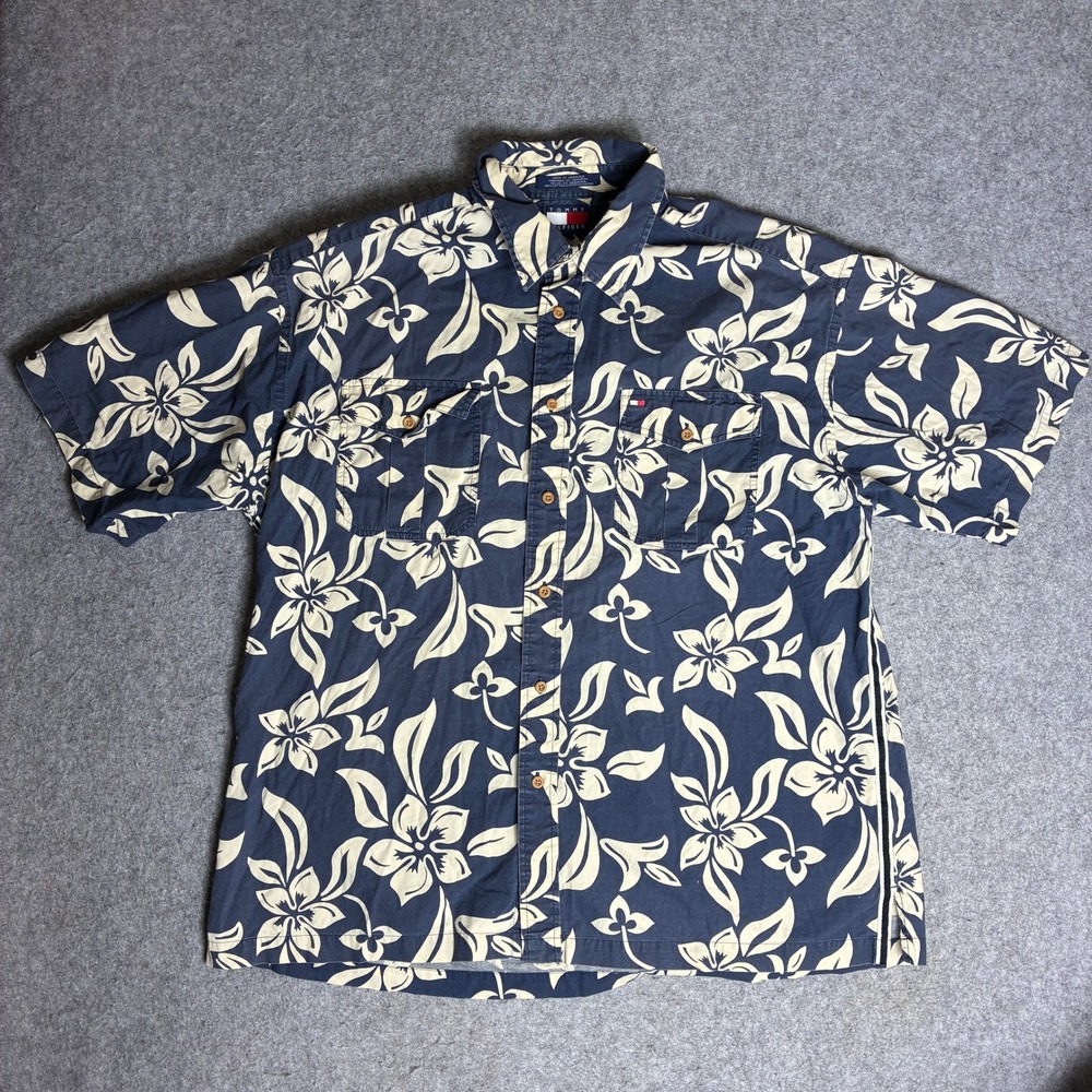 Tommy Hilfiger Floral Shirt Mens XL Navy Blue Excellent Short Sleeve Cotton